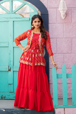 Charming Red Color Bandhej Top With Lehenga With Koti