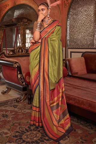 Pristine Parrot Green Kanjivaram and Patola Printed Silk Saree - women's fashion mart
