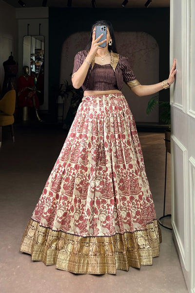 Handcrafted Tasar Silk Printed With Viscose Border Lehenga Choli
