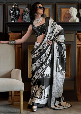 Black And White Printed Satin Crepe Silk Saree