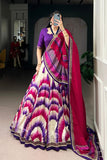 Tasar Silk Tie Dye Lehenga Set With Printed Dupatta And Chex Blouse
