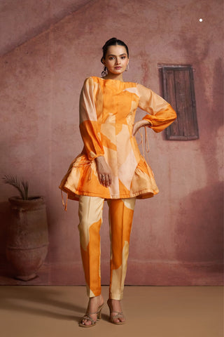 Luxury Pure Muslin Silk Abstract Orange Co Ord Set