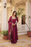 Wine colour embroidery work anarkali suit with dupatta -Designer Suit M / Purple women's fashion mart