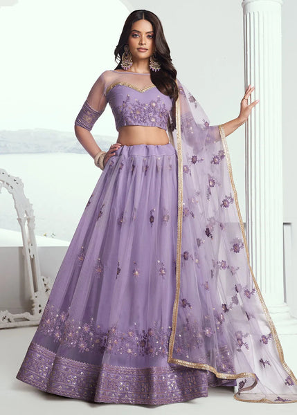 Fabulous Lavender Net Embroidered Wedding Lehenga Choli - women's fashion mart