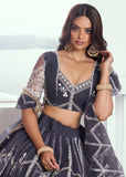 Heartwarming Dark Grey Embroidered Wedding  Lehenga Choli - women's fashion mart