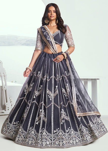 Heartwarming Dark Grey Embroidered Wedding  Lehenga Choli - women's fashion mart