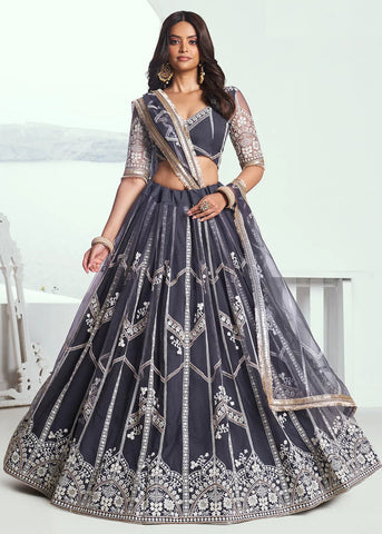 Heartwarming Dark Grey Embroidered Wedding  Lehenga Choli - women's fashion mart