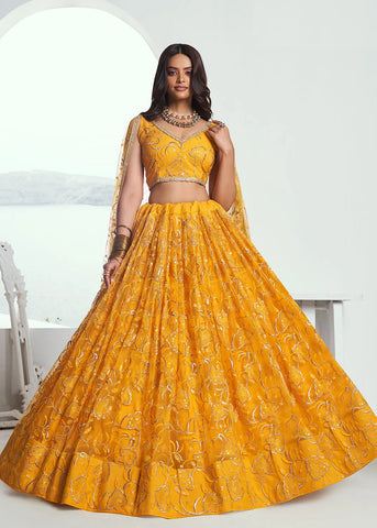 Exquisite Embroidered Net Yellow Wedding Wear Lehenga Choli - women's fashion mart