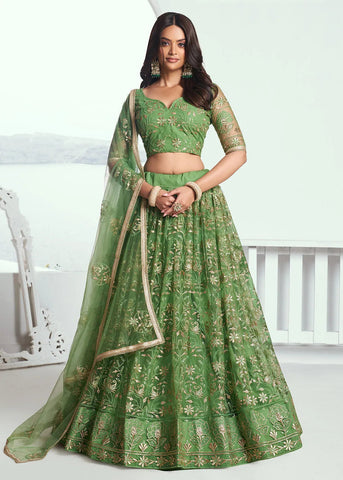 Superb Embroidered Net Pista Green Wedding Lehenga Choli - women's fashion mart