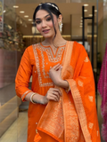 Fabulous Orange Hand Work Viscose Traditional Pant Suit With Dupatta  women's fashion mart