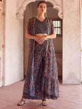 Navy Blue Floral Printed Fancy Embroidered Designer Top Palazzo Suit - women's fashion mart