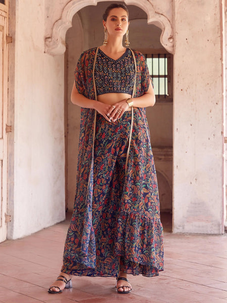 Navy Blue Floral Printed Fancy Embroidered Designer Top Palazzo Suit - women's fashion mart