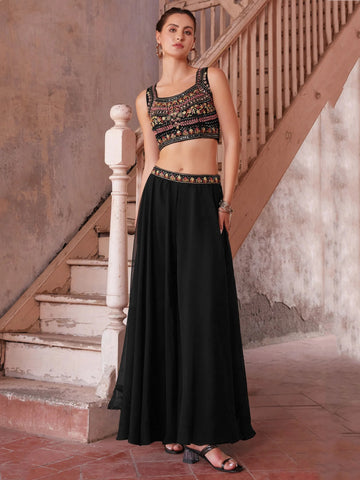 Sophisticated Black Fancy Fabric Palazzo Suit with Designer Top - women's fashion mart