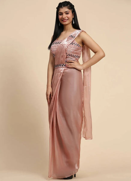 Rose Brown Fancy Organza Sequins Embroidered Ready To Wear Saree - women's fashion mart
