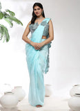 Sky Blue Organza Silk Sequins Embroidered Ready To Wear Saree - women's fashion mart