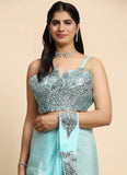Sky Blue Organza Silk Sequins Embroidered Ready To Wear Saree - women's fashion mart