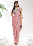 Rose Pink Organza Silk Sequins Embroidered Ready To Wear Saree - women's fashion mart