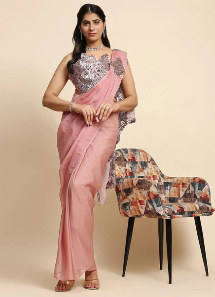 Rose Pink Organza Silk Sequins Embroidered Ready To Wear Saree - women's fashion mart