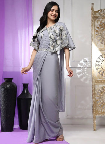 Spun Pearl Imported Chiffon Ready To Wear Saree With Floral Cape - women's fashion mart