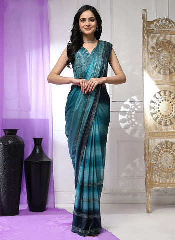 Smalt Blue Pure Satin Silk Stone Lace Border Worked Ready To Wear Saree - women's fashion mart