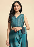 Smalt Blue Pure Satin Silk Stone Lace Border Worked Ready To Wear Saree - women's fashion mart