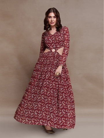 Magnificent Maroon Paisley Printed Cutout Maxi Dress - women's fashion mart