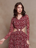 Magnificent Maroon Paisley Printed Cutout Maxi Dress - women's fashion mart