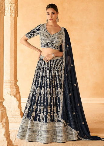 Bridesmaids Designer Navy Blue Embroidered Lehenga Choli - women's fashion mart