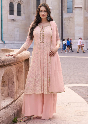 Fabulous Embroidered Light Pink Anarkali Style Sharara Suit - women's fashion mart