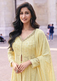 Glowing Embroidered Light Yellow Anarkali Style Sharara Suit - women's fashion mart