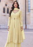 Glowing Embroidered Light Yellow Anarkali Style Sharara Suit - women's fashion mart