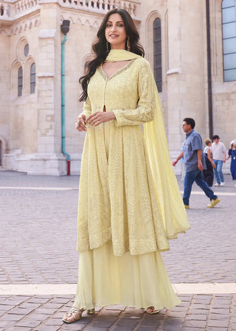 Glowing Embroidered Light Yellow Anarkali Style Sharara Suit - women's fashion mart