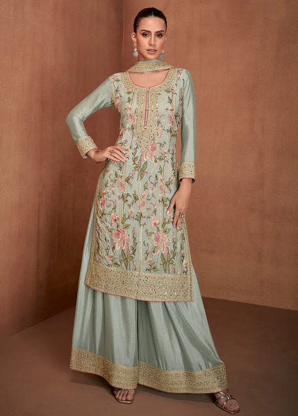 Impressive Olive Green Chinon Palazzo Suit - women's fashion mart
