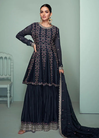 Enchanting Navy Blue Chinon Embroidered Palazzo Suit - women's fashion mart