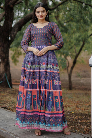 Purple Chanderi Digital Printed Readymade Gown.