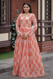 Peach Digital Printed Readymade Gown In Chanderi Fabric.