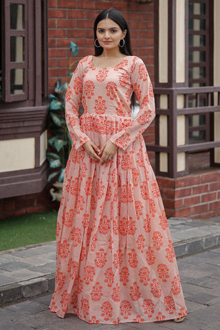 Peach Digital Printed Readymade Gown In Chanderi Fabric.