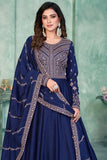 Art Silk Fabric Fancy Embroidered Function Wear Long Anarkali Salwar Suit In Navy Blue Color.