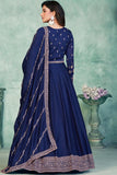 Art Silk Fabric Fancy Embroidered Function Wear Long Anarkali Salwar Suit In Navy Blue Color.