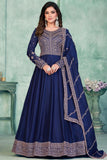 Art Silk Fabric Fancy Embroidered Function Wear Long Anarkali Salwar Suit In Navy Blue Color.