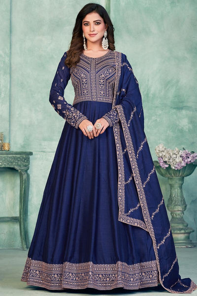 Art Silk Fabric Fancy Embroidered Function Wear Long Anarkali Salwar Suit In Navy Blue Color.