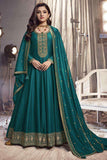 Nidhi Shah Charming Teal Color Art Silk Fabric Party Look Anarkali Suit.