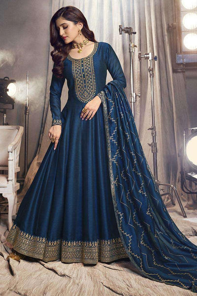 Nidhi Shah Alluring Art Silk Fabric Blue Color Party Look Anarkali Suit.