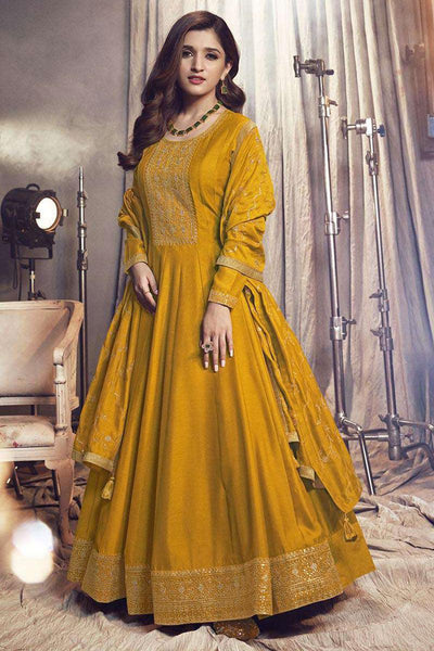 Nidhi Shah Excellent Art Silk Fabric Mustard Color Party Look Anarkali Suit.