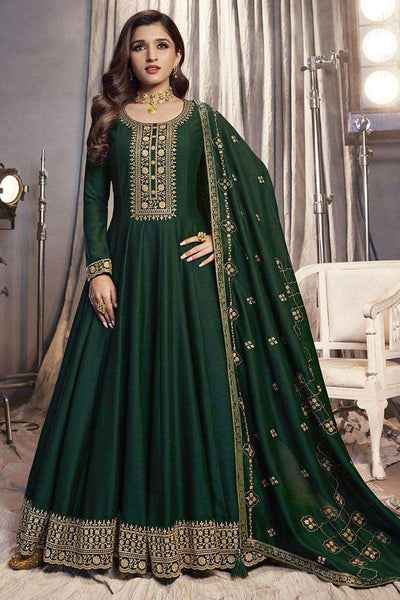 Nidhi Shah Dark Green Color Art Silk Fabric Elegant Party Look Anarkali Suit.