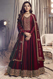 Nidhi Shah Maroon Color Art Silk Fabric Tempting Party Look Anarkali Suit.