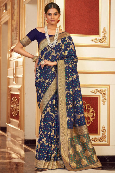 Awesome Chiffon Bandhej Style Saree In Navy Blue Color.