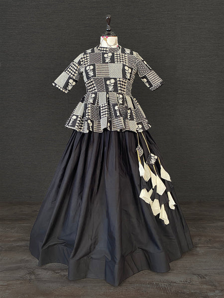 Black Color Pure Cotton Two Piece Lehenga With Lucknowi Work Choli