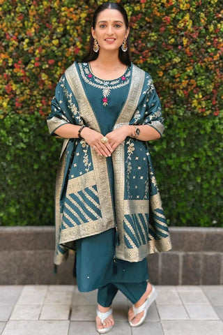 Teal Blue Premium Roman Silk Handwork Kurti Set  women's fashion mart