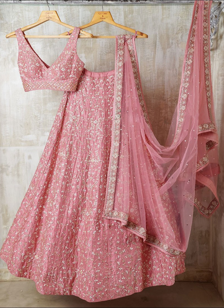 Malai Silk Pink Zari Embroidery Work Lehenga Choli  women's fashion mart
